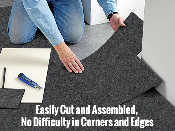 person cutting and installing VEVOR carpet tiles, highlighting easy assembly on corners and edges.
