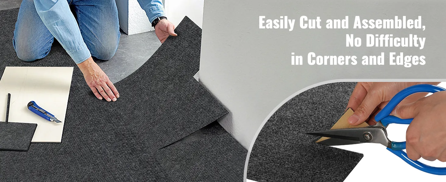 person cutting and installing VEVOR carpet tiles, highlighting easy assembly on corners and edges.