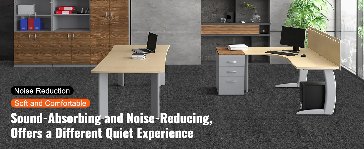 modern office with wood desks and cabinets on VEVOR carpet tiles, promoting noise reduction and comfort.