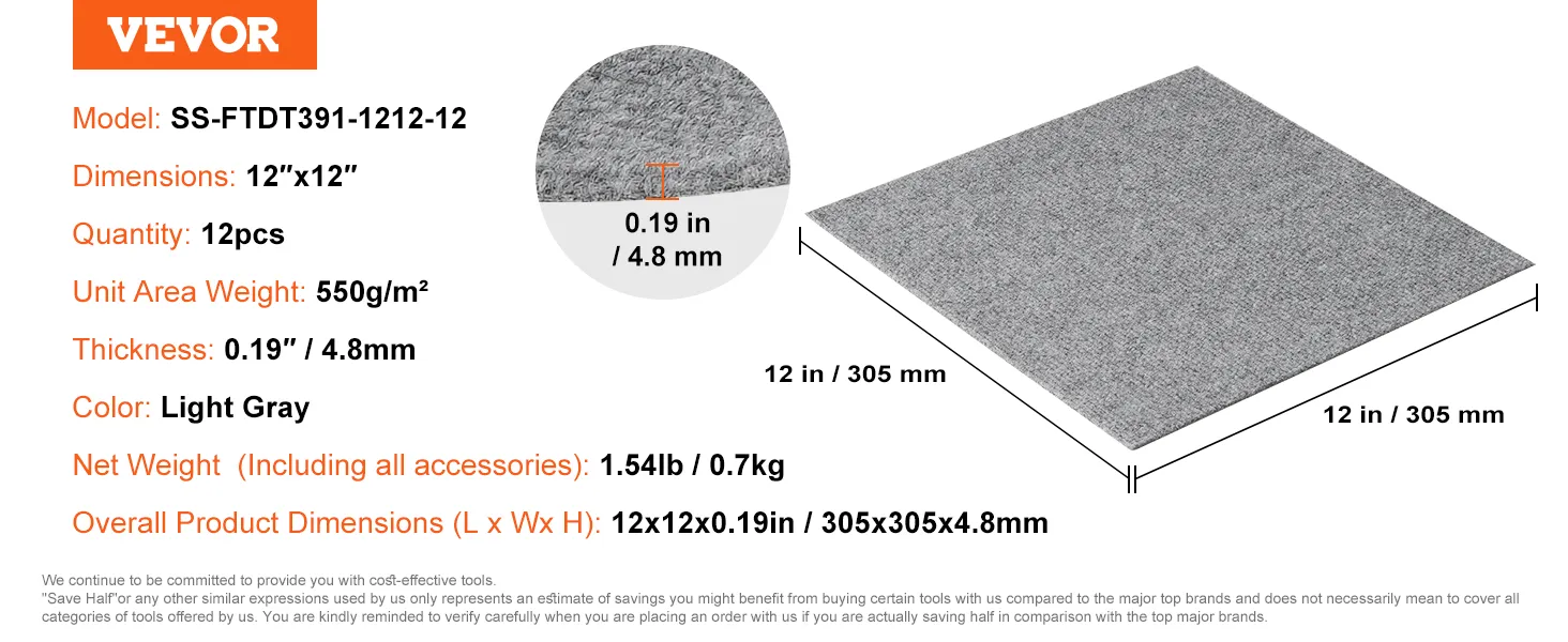 VEVOR carpet tiles, model ss-ftdt391-1212-12, 12"x12", light gray, 12pcs, 0.19" thick, 1.54lb.