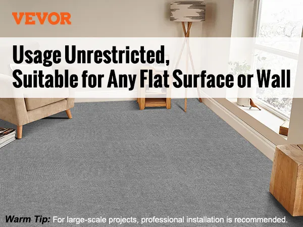 man installing VEVOR carpet tiles on grey surface with scenes depicting various applicable rooms and surfaces.