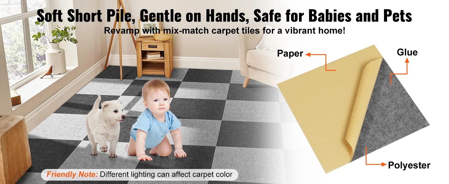 child and dog on VEVOR carpet tiles, showcasing soft short pile tiles in a modern, cozy home interior.