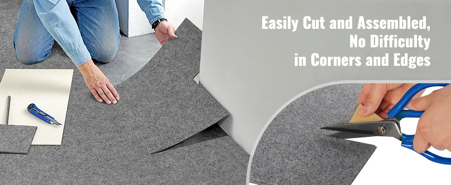 person cutting and assembling VEVOR carpet tiles with ease, showing their flexibility for corners and edges.