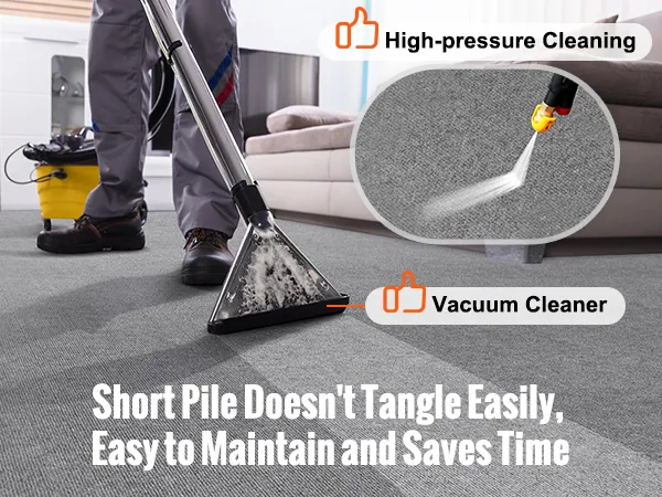 cleaning VEVOR carpet tiles with a high-pressure cleaner and vacuum, short pile easy to maintain.