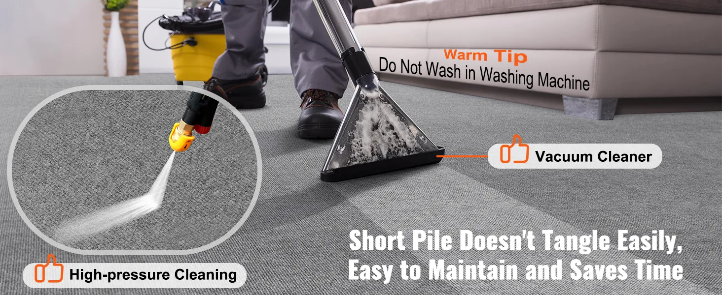 cleaning VEVOR carpet tiles with a high-pressure cleaner and vacuum, short pile easy to maintain.