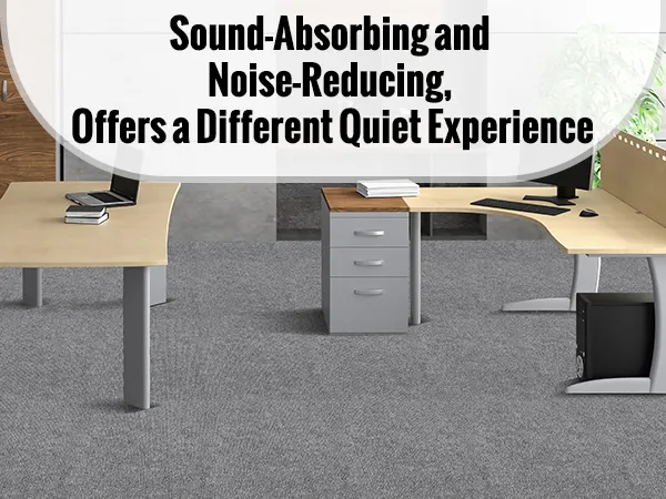 modern office with grey VEVOR carpet tiles, wooden shelves, and desks; promoting noise reduction and comfort.