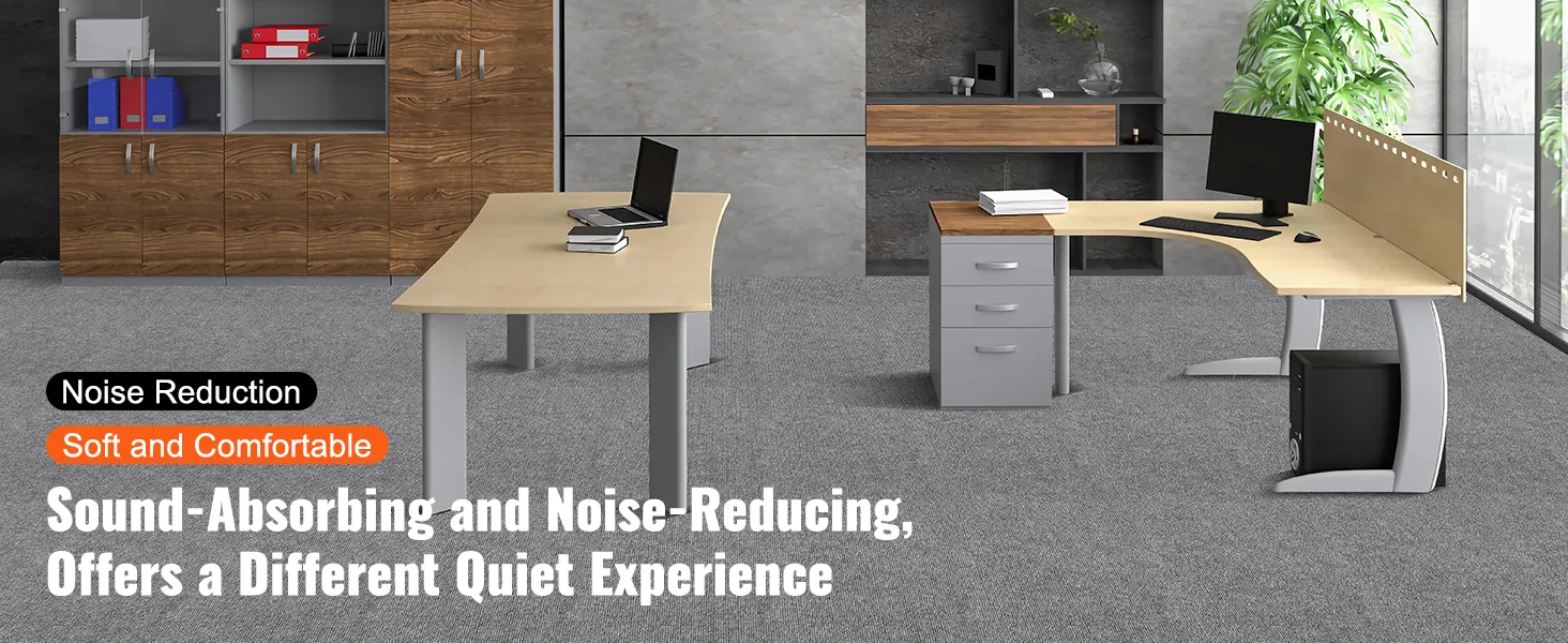 modern office with grey VEVOR carpet tiles, wooden shelves, and desks; promoting noise reduction and comfort.