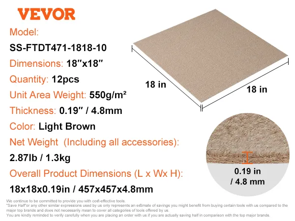 Losetas de alfombra VEVOR modelo ss-ftdt471-1818-10, 18"x18", 10 piezas, marrón claro, 4,8 mm de grosor, gramaje de 550 g/m².