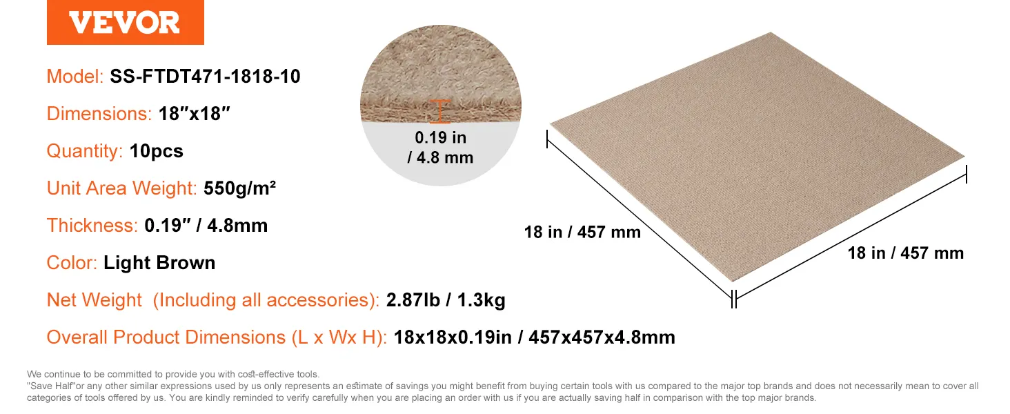 Losetas de alfombra VEVOR modelo ss-ftdt471-1818-10, 18"x18", 10 piezas, marrón claro, 4,8 mm de grosor, gramaje de 550 g/m².