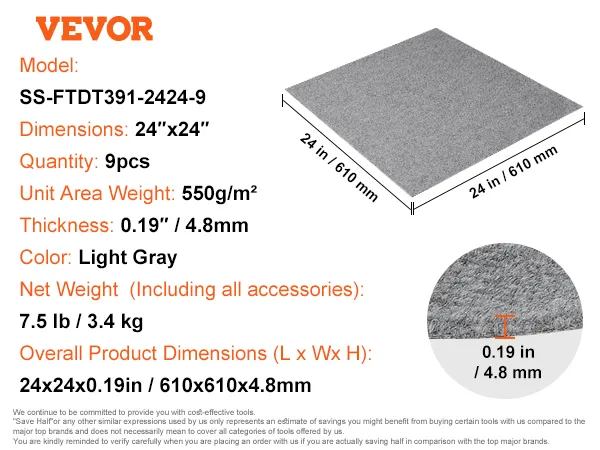 VEVOR carpet tiles, model: ss-ftdt391-2424-9, 24"x24", 9pcs, light gray, thickness: 4.8mm, 7.5lb/set.