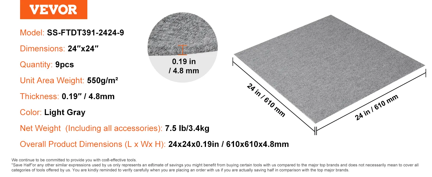 VEVOR carpet tiles, model: ss-ftdt391-2424-9, 24"x24", 9pcs, light gray, thickness: 4.8mm, 7.5lb/set.