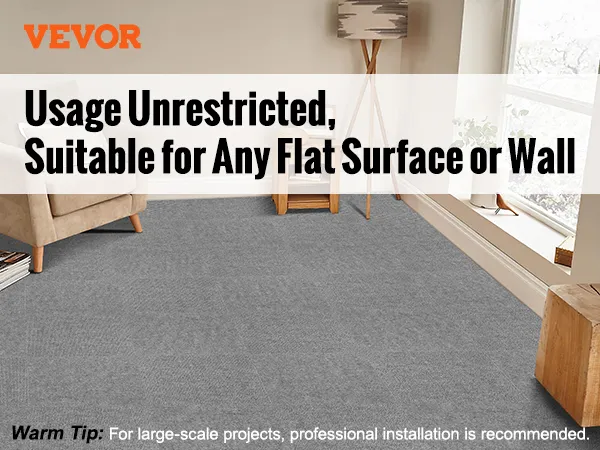 VEVOR carpet tiles being installed on various surfaces, suitable for offices, living rooms, and more.