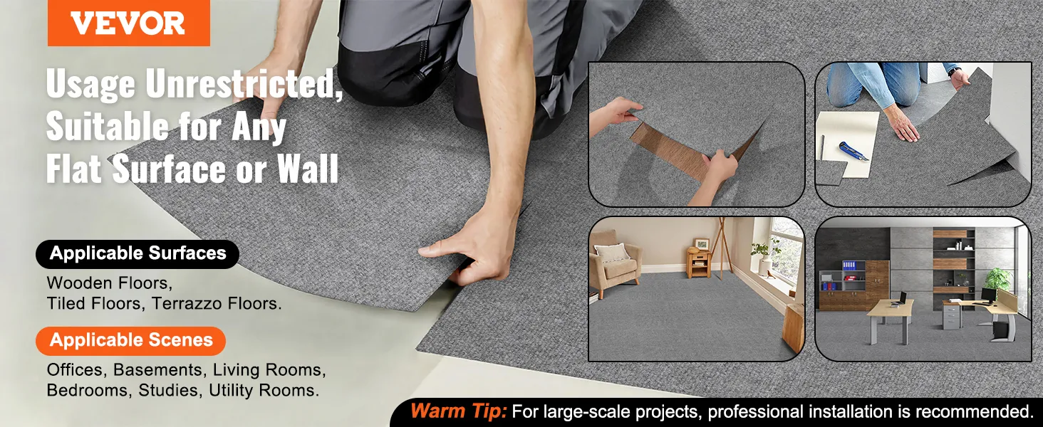 VEVOR carpet tiles being installed on various surfaces, suitable for offices, living rooms, and more.