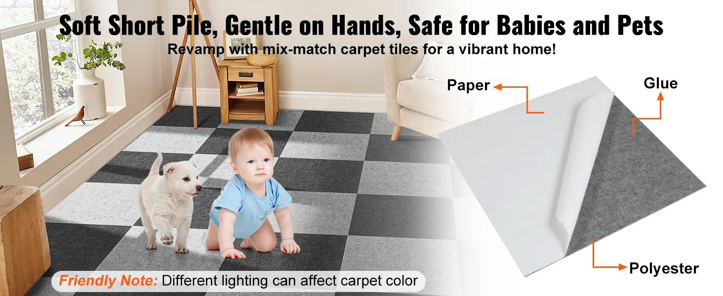 soft gray and black VEVOR carpet tiles with dog and child, ideal for baby-safe and pet-friendly homes.