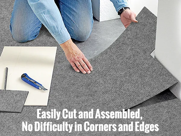 person cutting and installing VEVOR carpet tiles easily around corners using scissors and a utility knife.