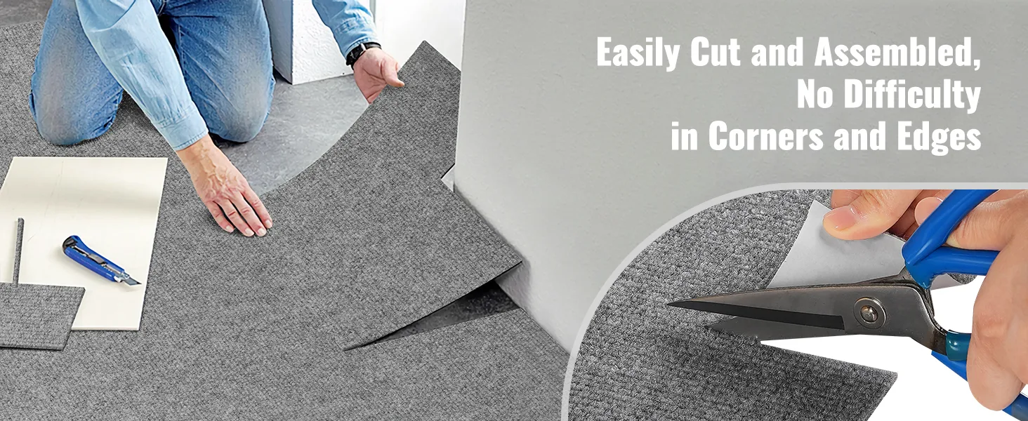 person cutting and installing VEVOR carpet tiles easily around corners using scissors and a utility knife.