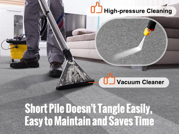 vacuum cleaner and high-pressure cleaning on VEVOR carpet tiles with text "short pile doesn't tangle easily."