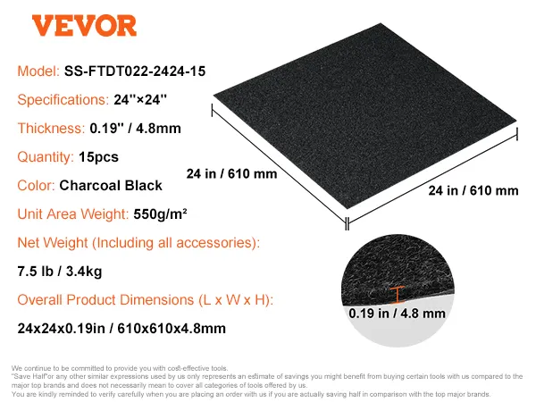 VEVOR carpet tiles, 24"x24", 0.19" thickness, charcoal black, 15pcs, total weight 7.5 lb.