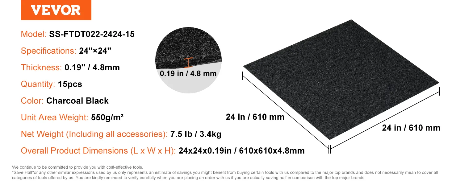 VEVOR carpet tiles, 24"x24", 0.19" thickness, charcoal black, 15pcs, total weight 7.5 lb.