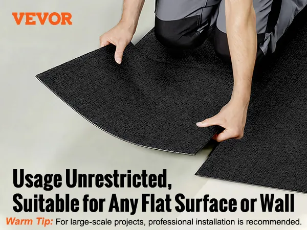 VEVOR carpet tiles being installed and used in various rooms on different surfaces like wood and tile.