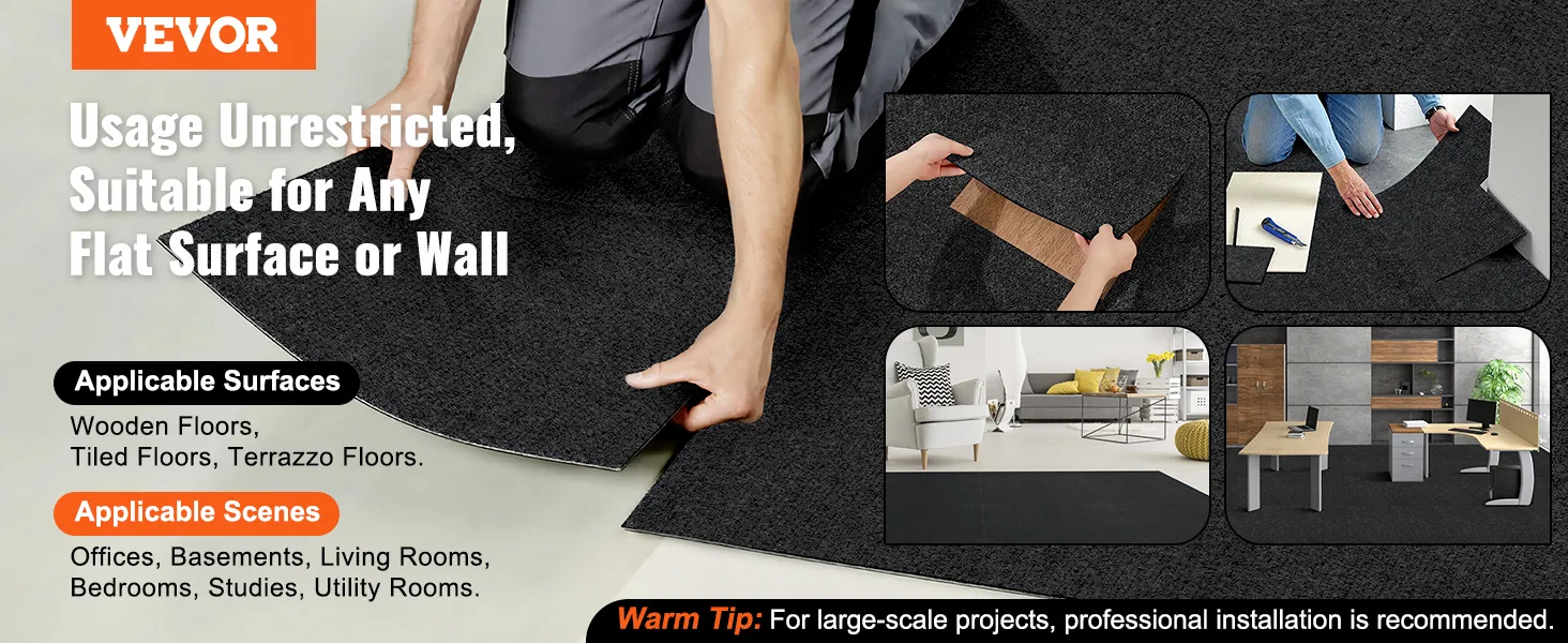 VEVOR carpet tiles being installed and used in various rooms on different surfaces like wood and tile.