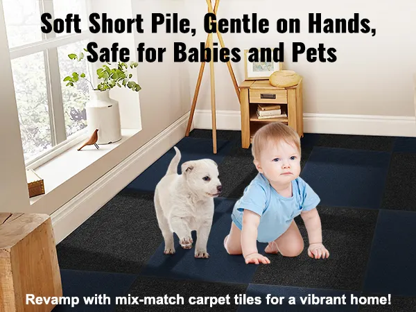 soft and safe VEVOR carpet tiles, perfect for babies and pets, shown in mix-match design for home use.