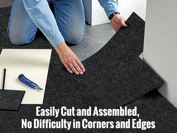 installing VEVOR carpet tiles, easily cut and assembled, great for corners and edges. tools included.