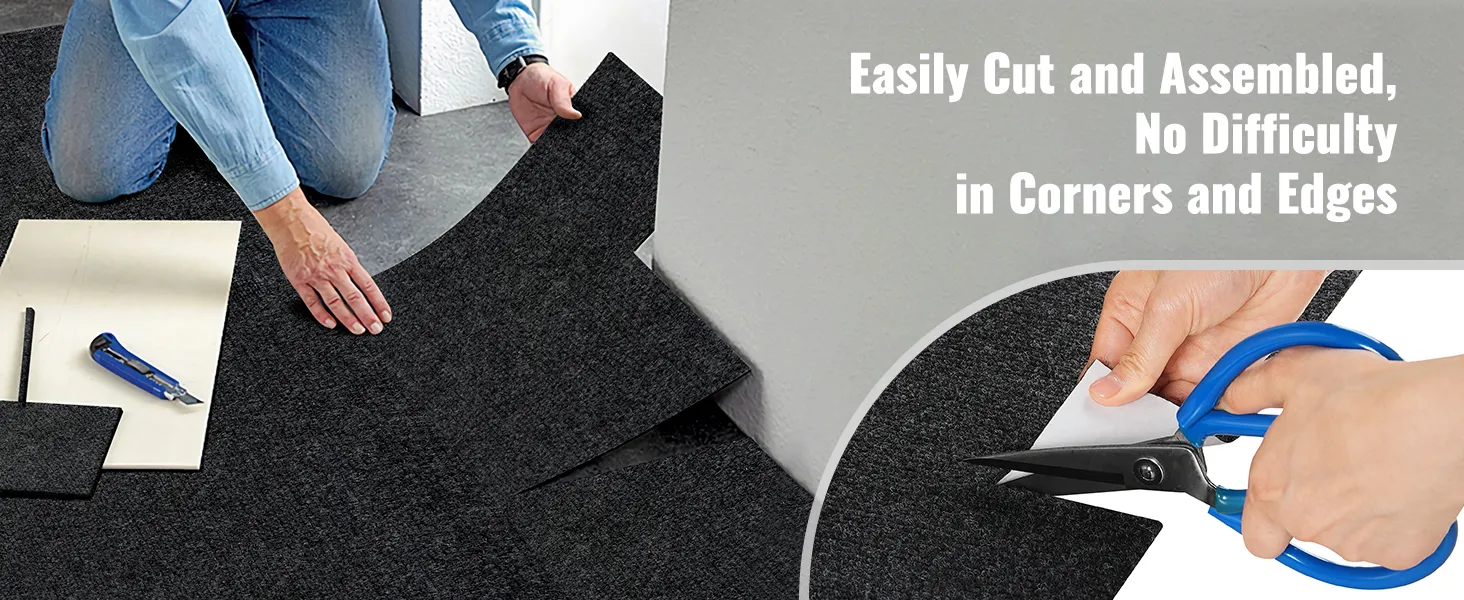 installing VEVOR carpet tiles, easily cut and assembled, great for corners and edges. tools included.