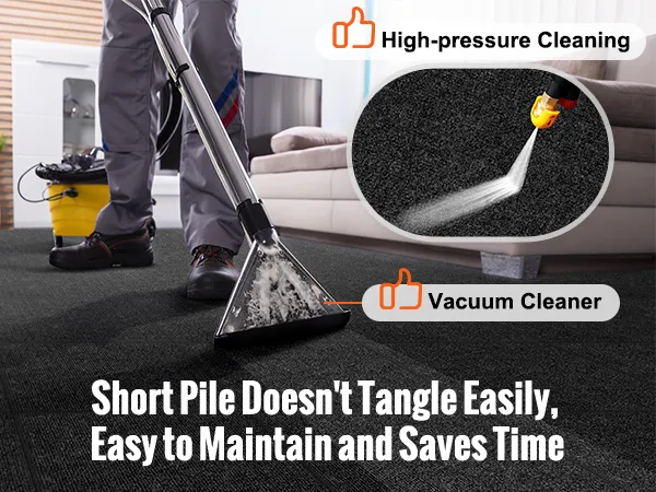 VEVOR carpet tiles being cleaned with a vacuum and high-pressure cleaner, showcasing easy maintenance.