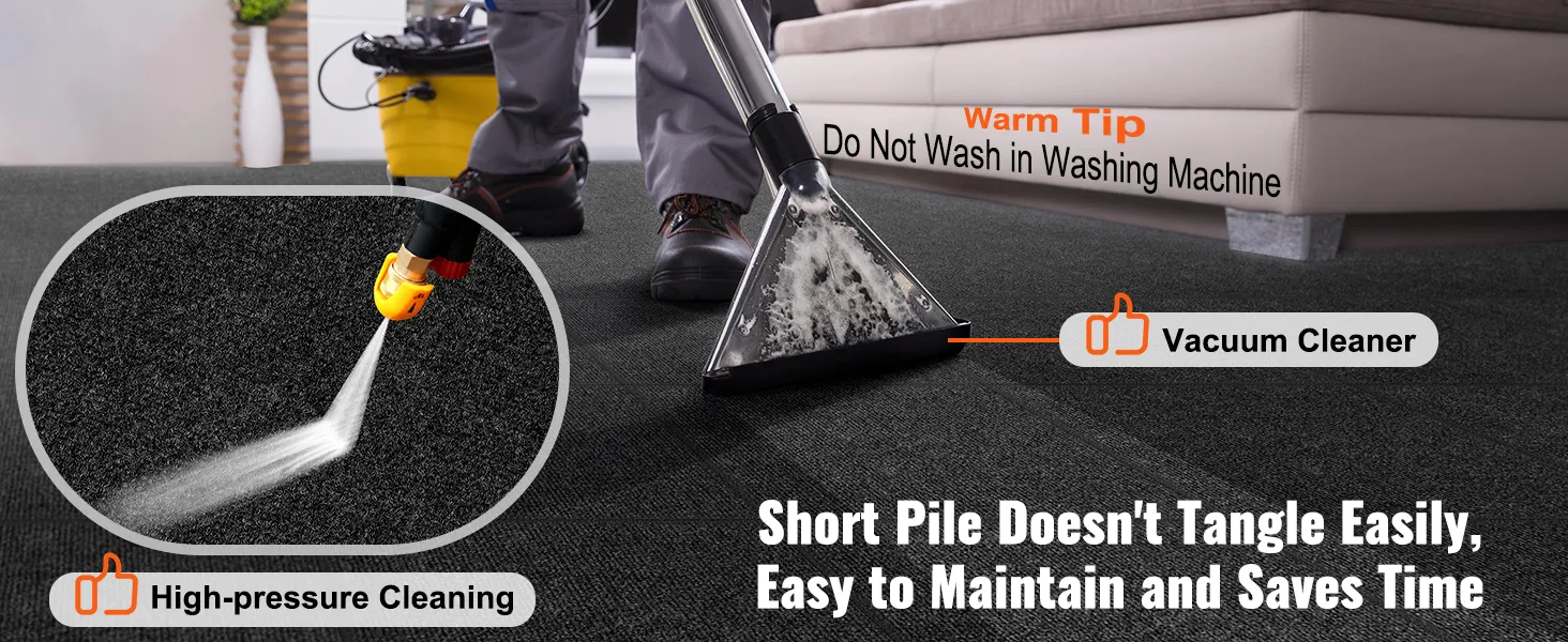 VEVOR carpet tiles being cleaned with a vacuum and high-pressure cleaner, showcasing easy maintenance.