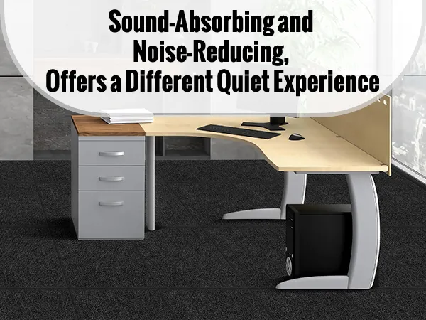 modern office with VEVOR carpet tiles, wooden desks, shelves, and noise reduction, soft and comfortable.