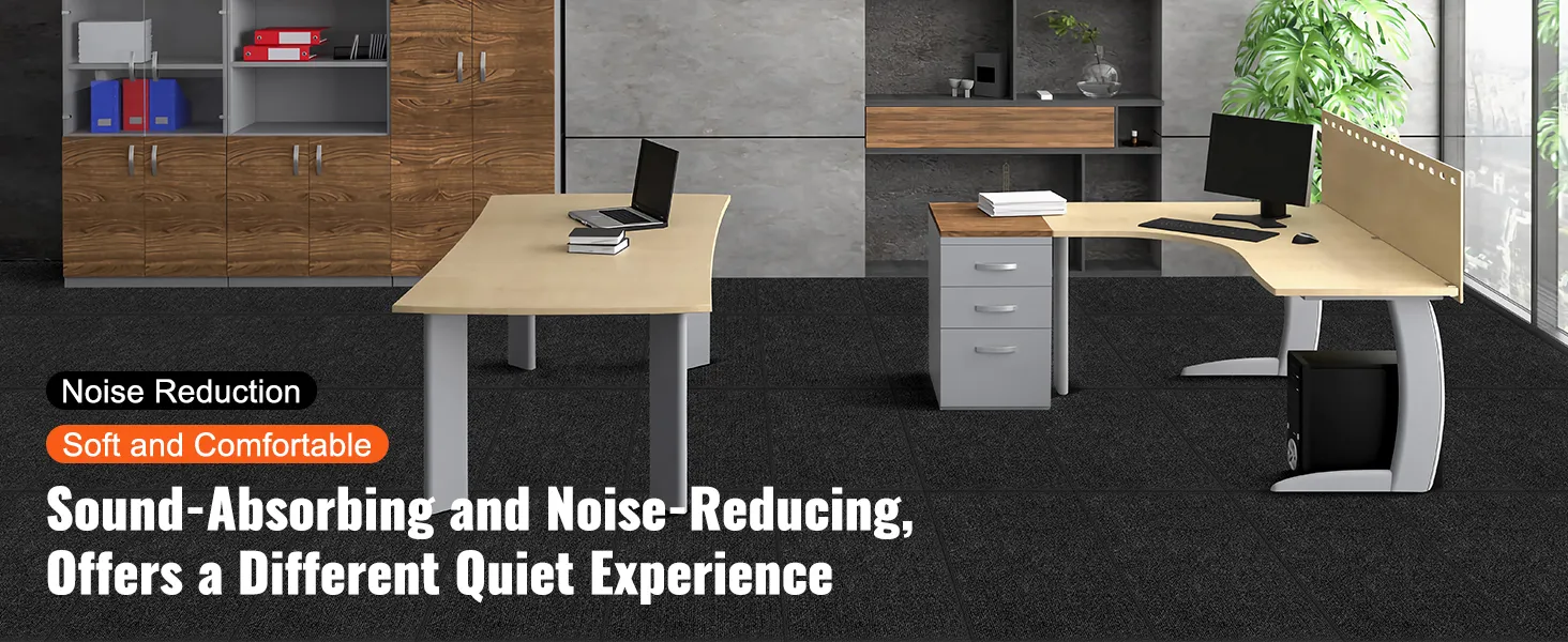 modern office with VEVOR carpet tiles, wooden desks, shelves, and noise reduction, soft and comfortable.