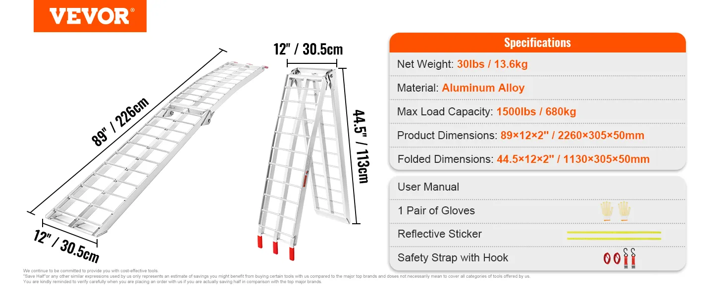 VEVOR aluminum ramp, 89"x12" with a max load of 1500lbs, foldable, and lightweight at 30lbs.