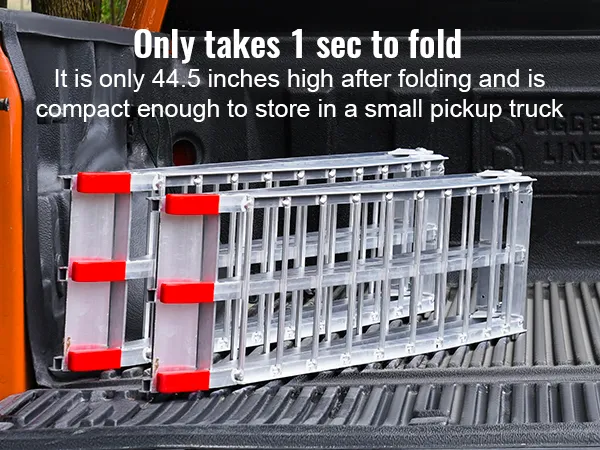 VEVOR aluminum ramp folded in a pickup truck bed with text highlighting its compact and quick-folding features.