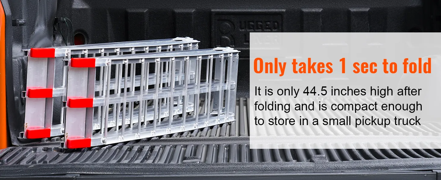 VEVOR aluminum ramp folded in a pickup truck bed with text highlighting its compact and quick-folding features.
