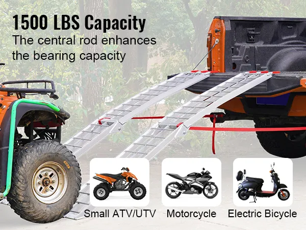 VEVOR aluminum ramp lifting an atv to a truck bed with 1500 lbs capacity text in foreground.