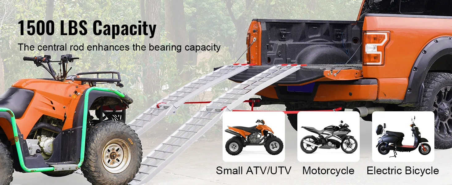 VEVOR aluminum ramp lifting an atv to a truck bed with 1500 lbs capacity text in foreground.