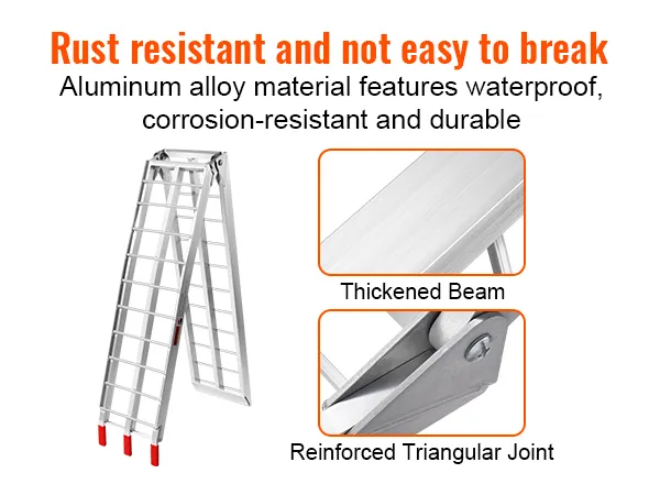 VEVOR aluminum ramp with waterproof, corrosion-resistant alloy, reinforced joints, and thickened beams.