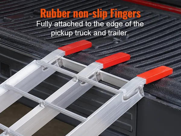 VEVOR aluminum ramp with rubber non-slip fingers attached to a pickup truck bed.