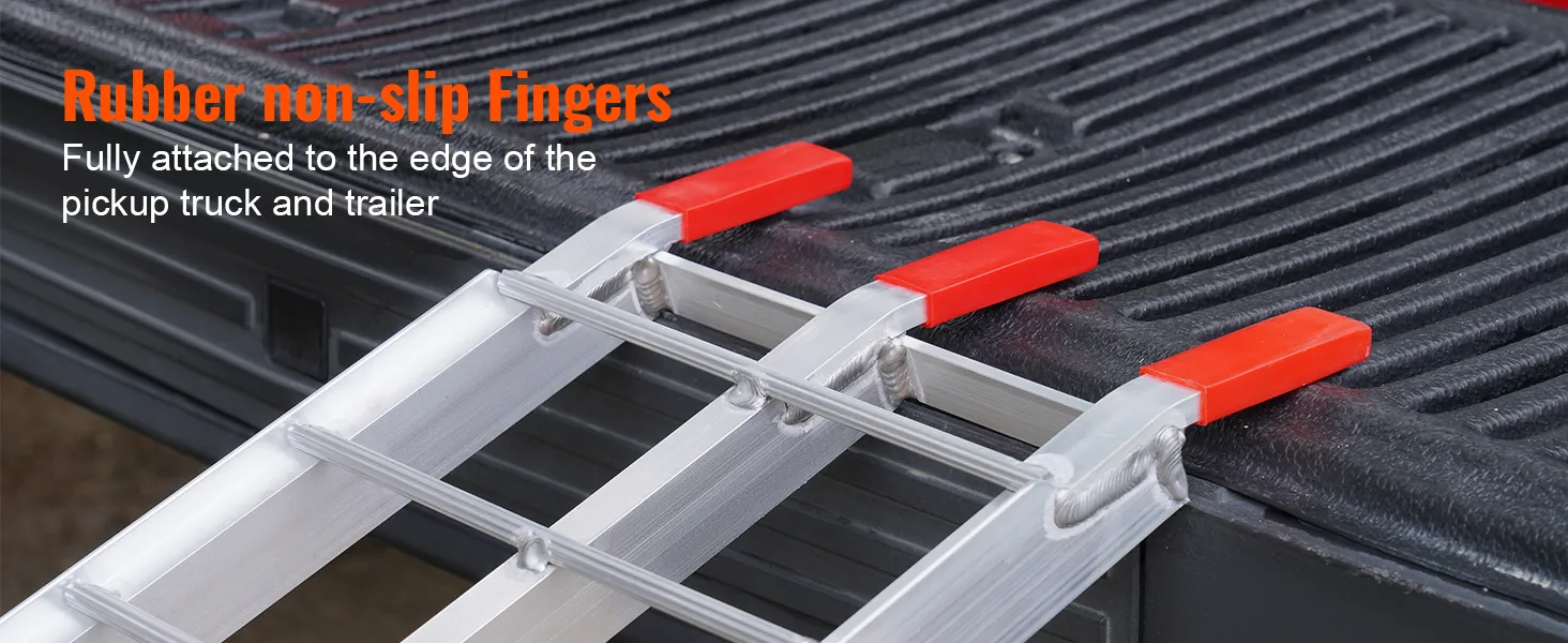 VEVOR aluminum ramp with rubber non-slip fingers attached to a pickup truck bed.