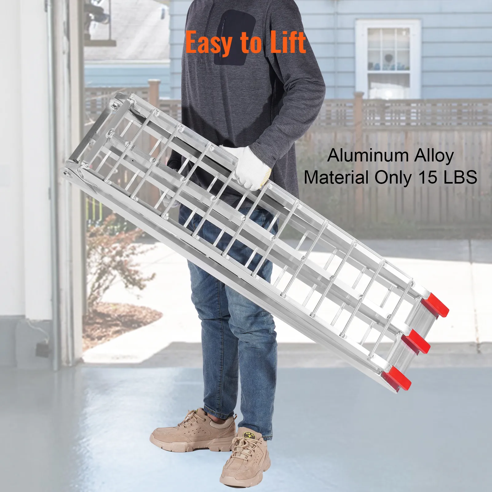 person carrying VEVOR aluminum ramp, lightweight only 15 lbs, with "easy to lift" text, outside view.