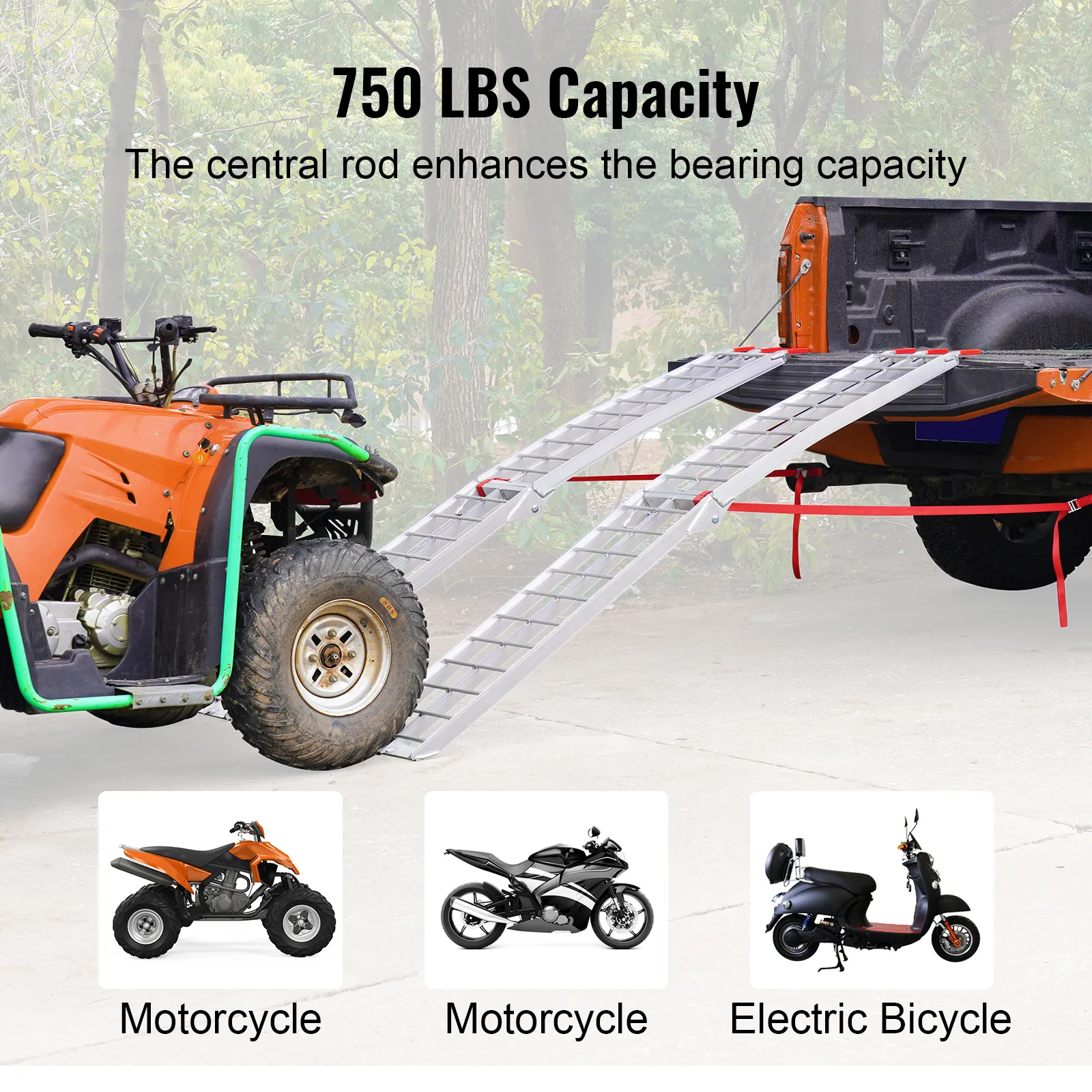 VEVOR aluminum ramp with 750 lbs capacity, loading an atv into a truck, suitable for motorcycle and e-bike.