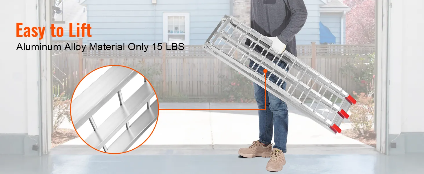 aluminum foldable VEVOR motorcycle ramps being carried, showcasing lightweight and easy lifting.