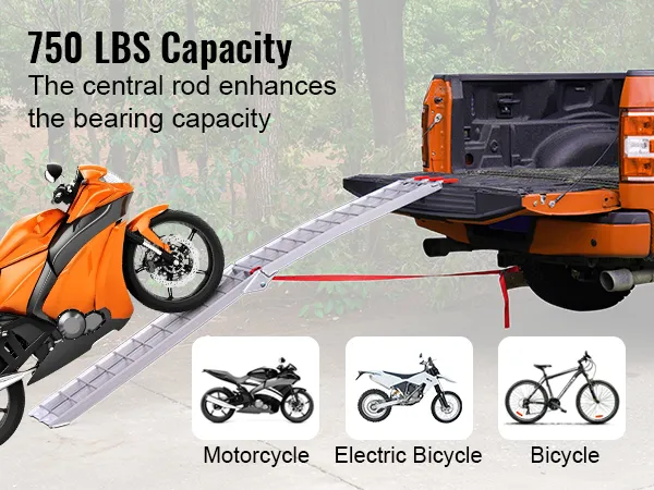 VEVOR motorcycle ramps loading motorcycle into truck with 750 lbs capacity, supports electric bike and bicycle.