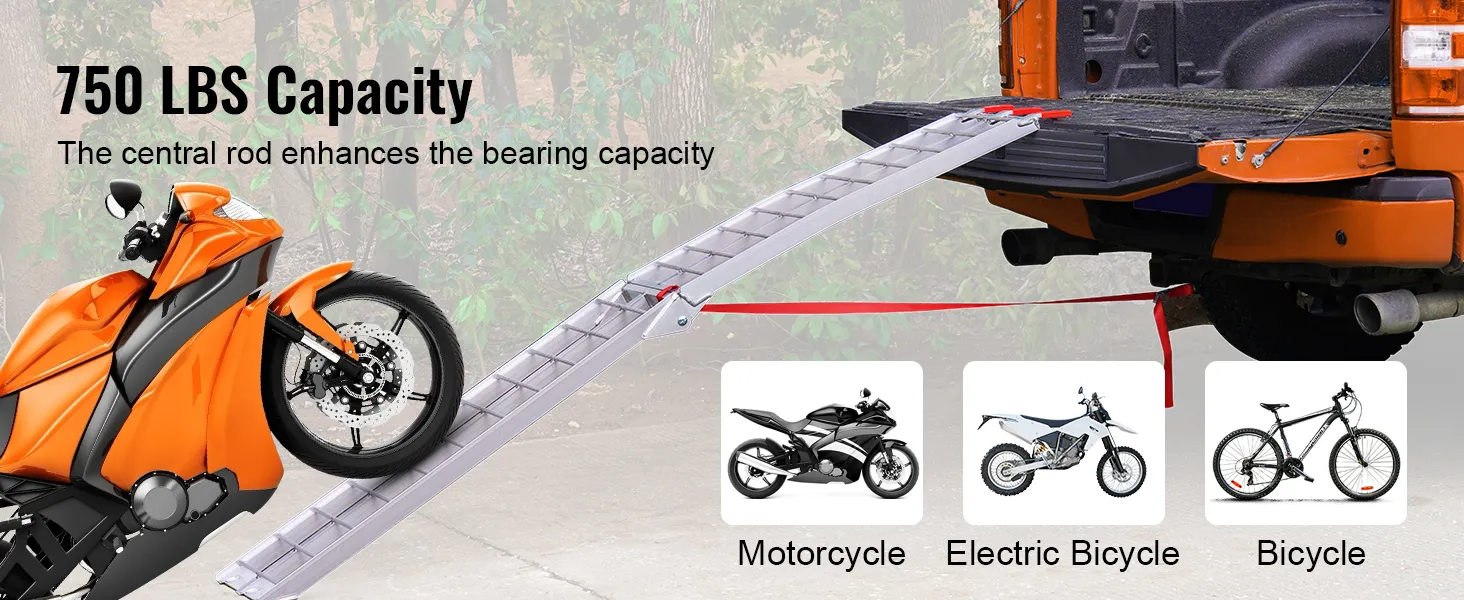 VEVOR motorcycle ramps loading motorcycle into truck with 750 lbs capacity, supports electric bike and bicycle.