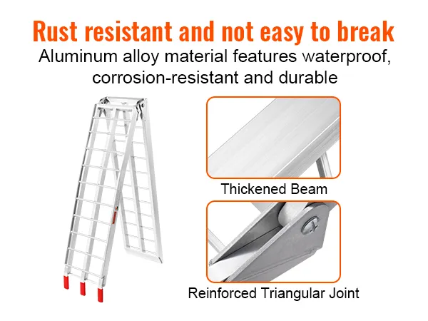 VEVOR motorcycle ramps with reinforced triangular joint, thickened beam, and rust-resistant alloy.