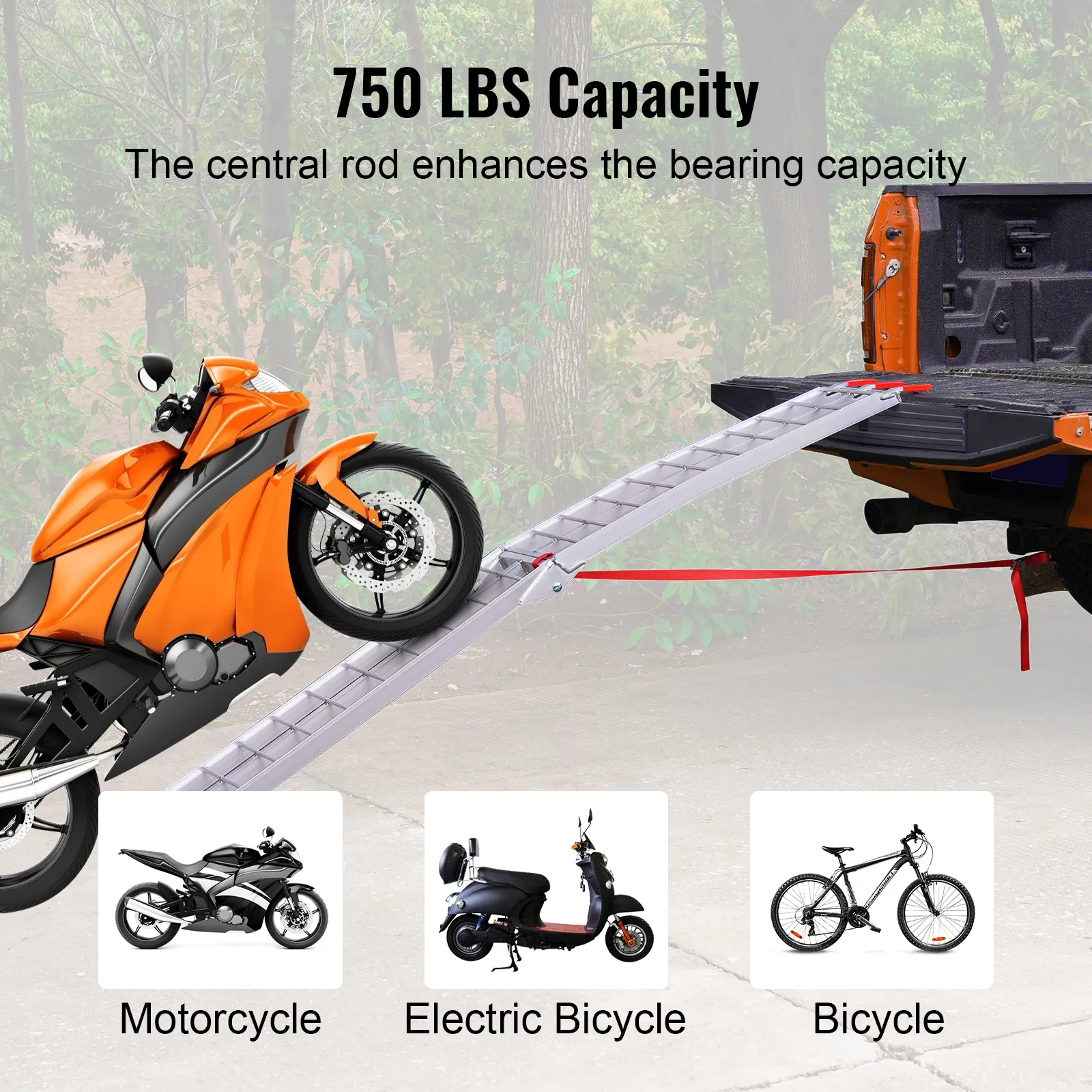 VEVOR motorcycle ramps loading an orange motorcycle onto a truck, highlighting 750 lbs capacity.