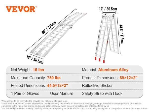 VEVOR motorcycle loading ramp, aluminum alloy, 89"x12"x2", foldable, 750lbs capacity, 15lbs weight.