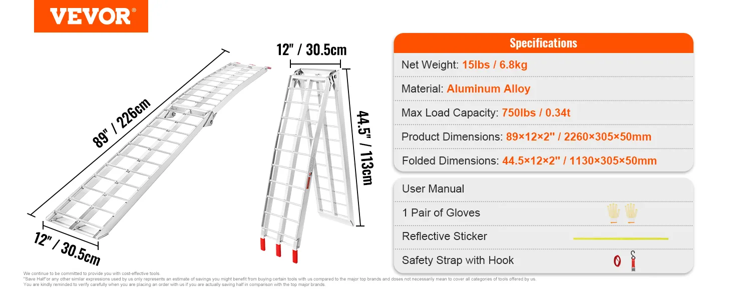 VEVOR motorcycle loading ramp, aluminum alloy, 89"x12"x2", foldable, 750lbs capacity, 15lbs weight.