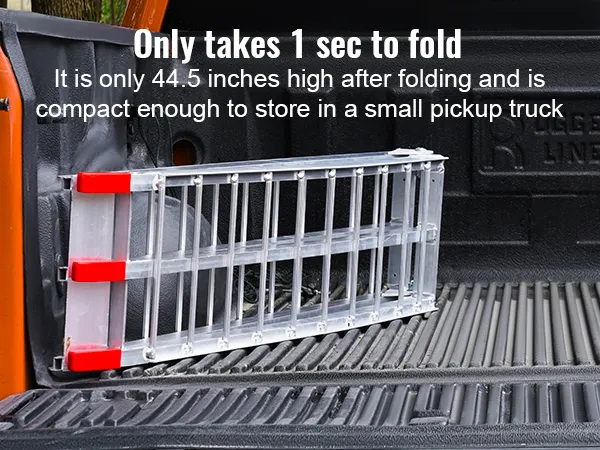 orange pickup truck with a folded VEVOR motorcycle loading ramp, emphasizing compact storage.